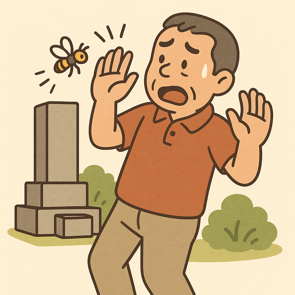 お墓参りで蜂を見かけて慌てる男性