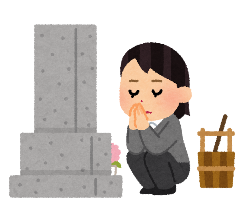 お墓に手を合わせる女性のイラスト