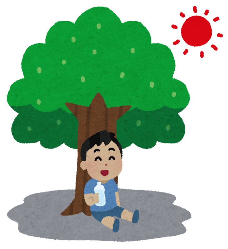 真夏のお墓参りで木陰で水分補給をする様子のイラスト