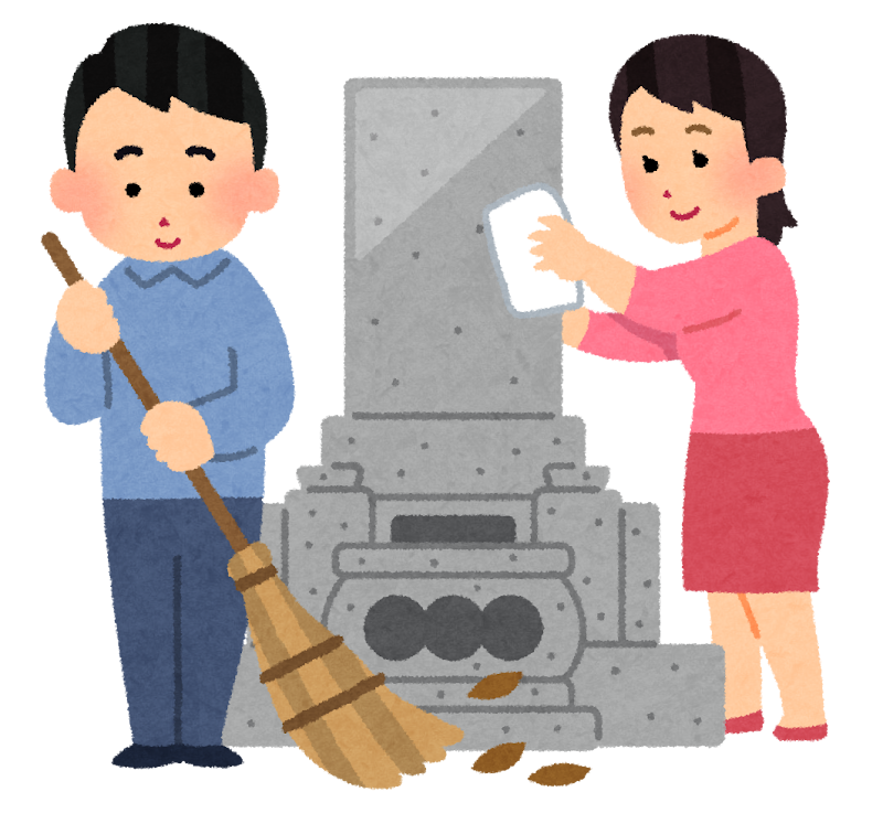 墓石をスポンジで掃除するお墓参りのイラスト
